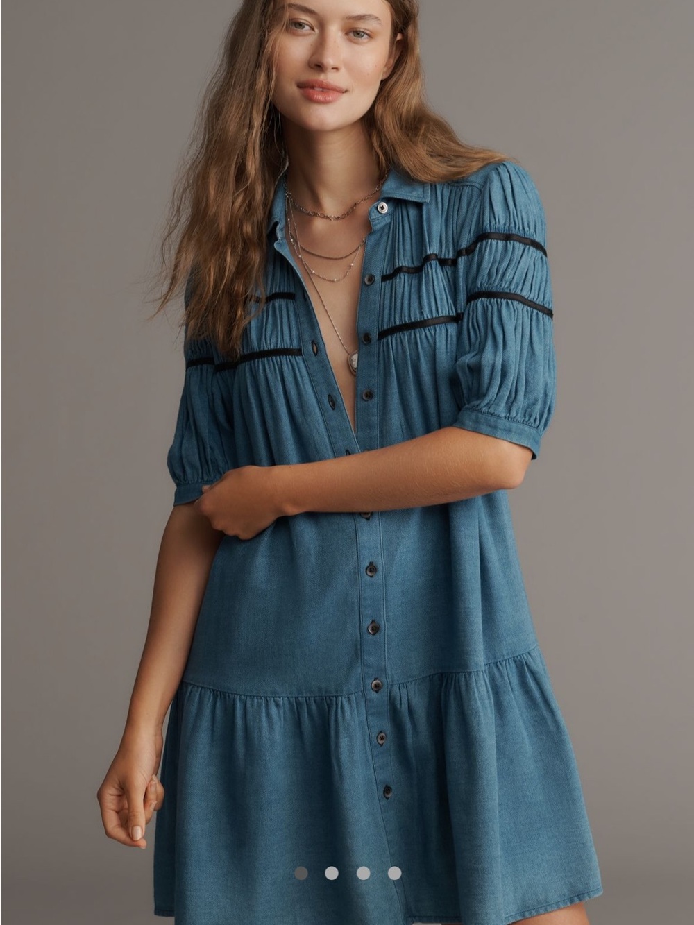 Blue Button-Front Smocked Tiered Shirt Dress